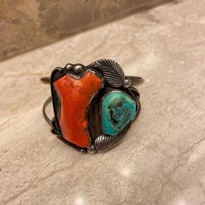 Native American Turquoise and Coral Silver Bracelet & Book (PC2-SS)