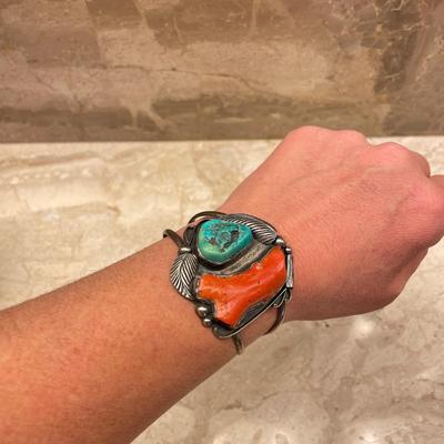 Native American Turquoise and Coral Silver Bracelet & Book (PC2-SS)