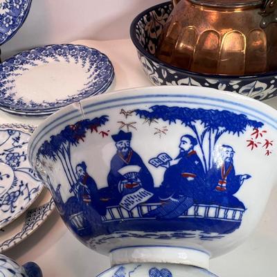 Blue and White bowls, plates, tea pot