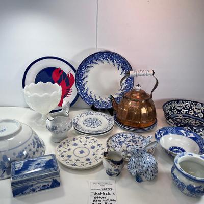 Blue and White bowls, plates, tea pot