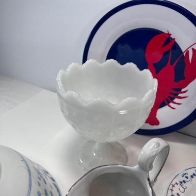 Blue and White bowls, plates, tea pot
