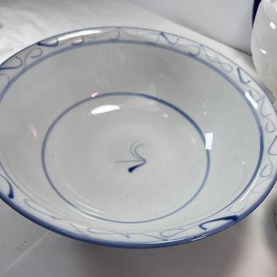 Blue and White bowls, plates, tea pot