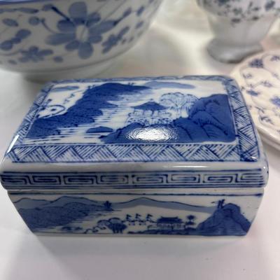 Blue and White bowls, plates, tea pot