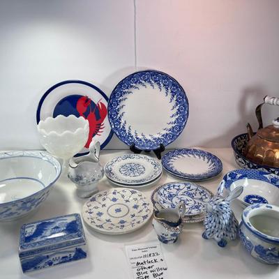 Blue and White bowls, plates, tea pot
