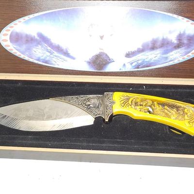 10 in fixed blade wolf decor blade is 400 ga. / China. $15 to $30.