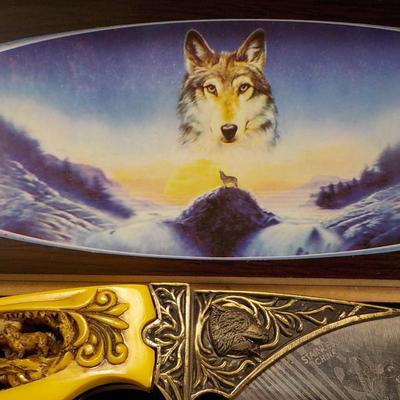 10 in fixed blade wolf decor blade is 400 ga. / China. $15 to $30.