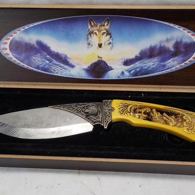 10 in fixed blade wolf decor blade is 400 ga. / China. $15 to $30.