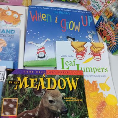 Variety of Children's books. Coloring booklet and crayons