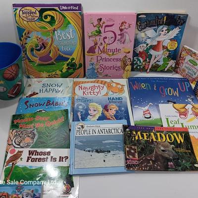 Variety of Children's books. Coloring booklet and crayons