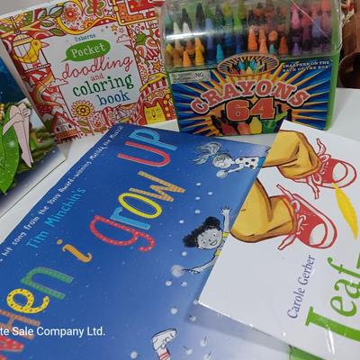 Variety of Children's books. Coloring booklet and crayons