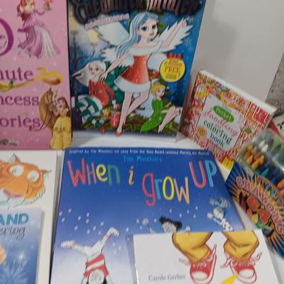Variety of Children's books. Coloring booklet and crayons