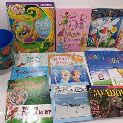 Variety of Children's books. Coloring booklet and crayons