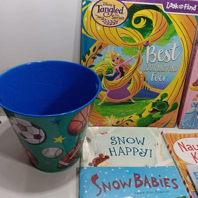 Variety of Children's books. Coloring booklet and crayons