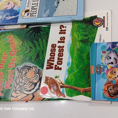 Variety of Children's books. Coloring booklet and crayons