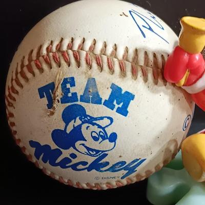 Mickey mouse collectibles - baseball signed by team Mickey - Mickey button and collectible figure