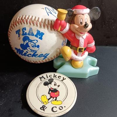 Mickey mouse collectibles - baseball signed by team Mickey - Mickey button and collectible figure