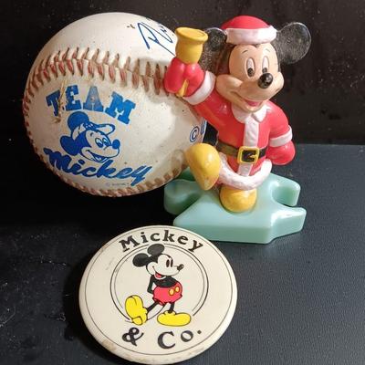 Mickey mouse collectibles - baseball signed by team Mickey - Mickey button and collectible figure