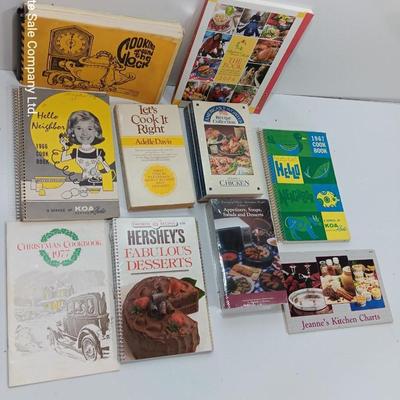 Variety of vintage and a few newer cookbooks. Hello Neighbor KOA Radio 1967