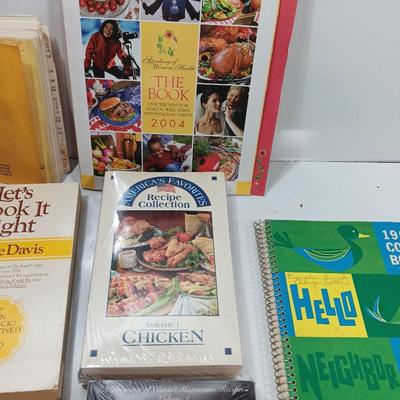 Variety of vintage and a few newer cookbooks. Hello Neighbor KOA Radio 1967