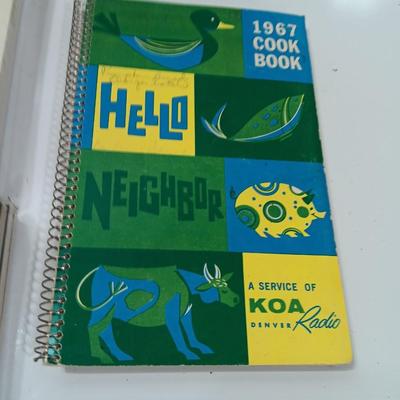 Variety of vintage and a few newer cookbooks. Hello Neighbor KOA Radio 1967