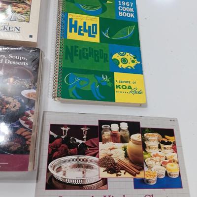 Variety of vintage and a few newer cookbooks. Hello Neighbor KOA Radio 1967