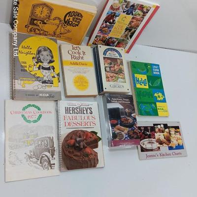Variety of vintage and a few newer cookbooks. Hello Neighbor KOA Radio 1967
