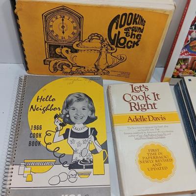 Variety of vintage and a few newer cookbooks. Hello Neighbor KOA Radio 1967