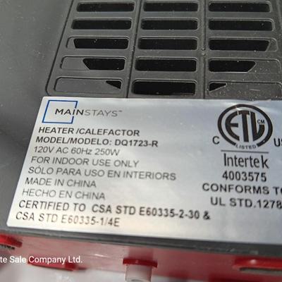 Matching red Uline Vornado Desk top fan and a Mainstays desk top heater