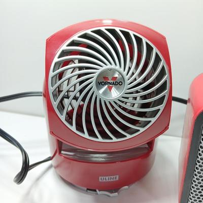 Matching red Uline Vornado Desk top fan and a Mainstays desk top heater