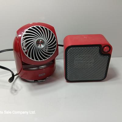 Matching red Uline Vornado Desk top fan and a Mainstays desk top heater