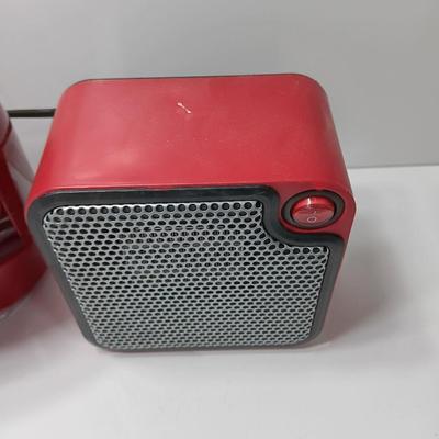 Matching red Uline Vornado Desk top fan and a Mainstays desk top heater