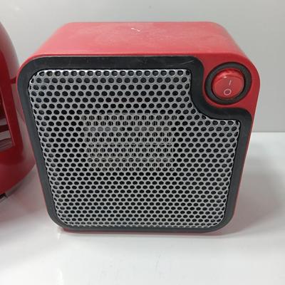 Matching red Uline Vornado Desk top fan and a Mainstays desk top heater