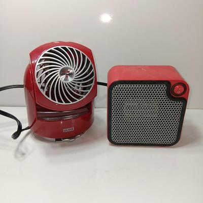 Matching red Uline Vornado Desk top fan and a Mainstays desk top heater