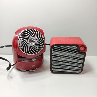 Matching red Uline Vornado Desk top fan and a Mainstays desk top heater