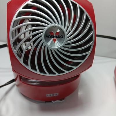 Matching red Uline Vornado Desk top fan and a Mainstays desk top heater