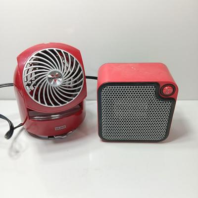 Matching red Uline Vornado Desk top fan and a Mainstays desk top heater