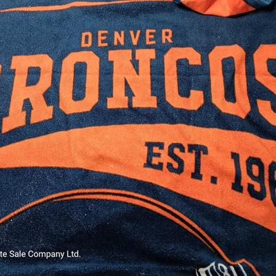 Denver Bronco's Back-to-Back Superbowl coca cola bottles in case with a Bronco's towel and Christmas hat