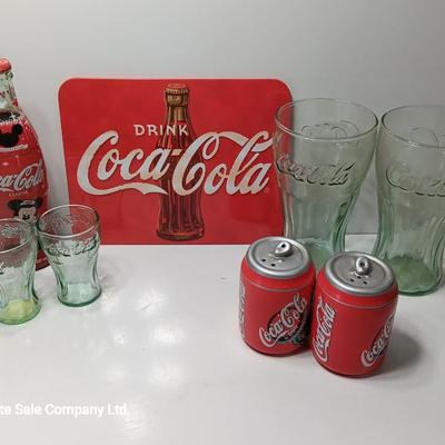Coca cola Mickey mouse collectible bottle with glasses tin and salt & pepper shakers