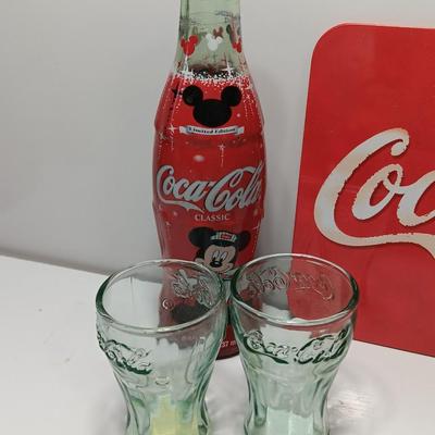 Coca cola Mickey mouse collectible bottle with glasses tin and salt & pepper shakers
