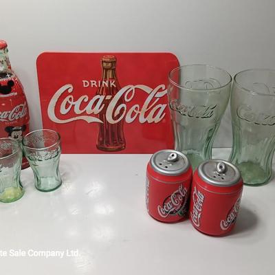 Coca cola Mickey mouse collectible bottle with glasses tin and salt & pepper shakers