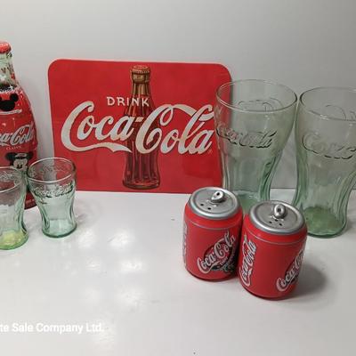 Coca cola Mickey mouse collectible bottle with glasses tin and salt & pepper shakers