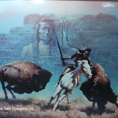 Rustic framed poster Native American with Buffalo
