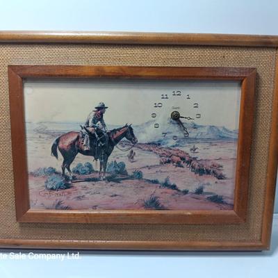 Vintage CM Russell Print framed picture wall clock Eye- Encounter
