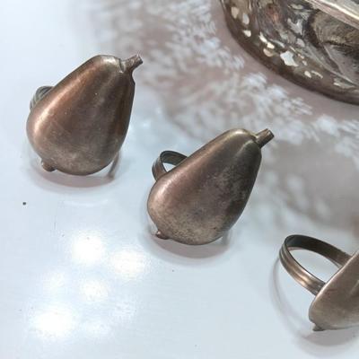 Vintage Godinger Silver Co. Bowl and 4 pear shaped metal napkin rings
