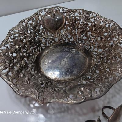 Vintage Godinger Silver Co. Bowl and 4 pear shaped metal napkin rings