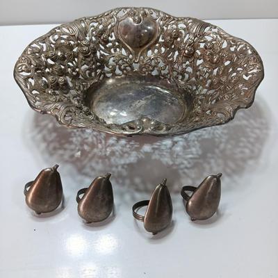 Vintage Godinger Silver Co. Bowl and 4 pear shaped metal napkin rings
