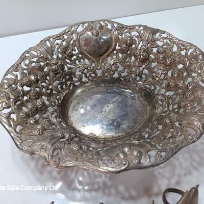 Vintage Godinger Silver Co. Bowl and 4 pear shaped metal napkin rings