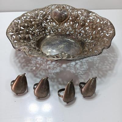 Vintage Godinger Silver Co. Bowl and 4 pear shaped metal napkin rings