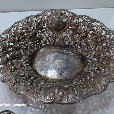 Vintage Godinger Silver Co. Bowl and 4 pear shaped metal napkin rings