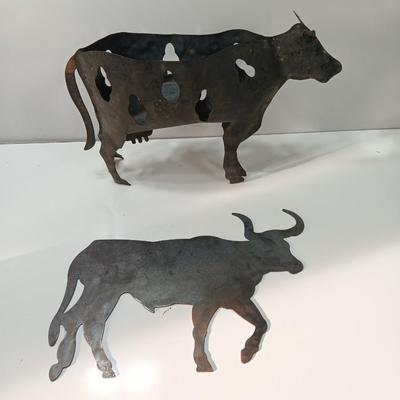 Two metal Bovine cow and bull